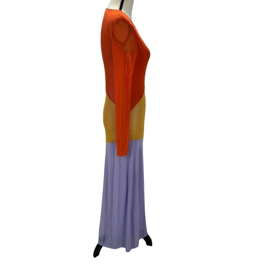 Charlie Holiday Sheer Long Sleeve Color Block Bodycon Maxi Dress - size Small - Picture 2 of 8